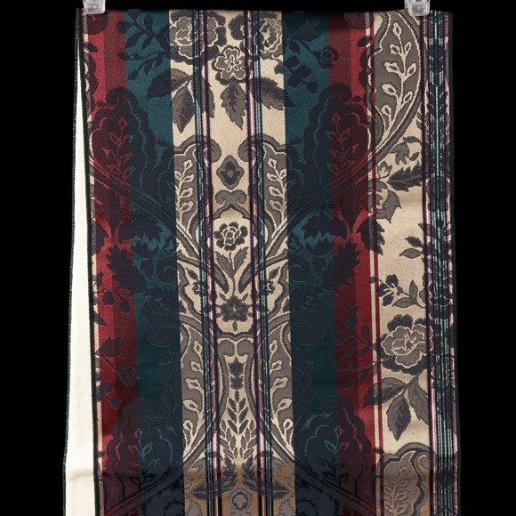 VTG Jacquard Damask Holiday Table Runner Floral Stripe Green Red 12" x  68" - Picture 2 of 7